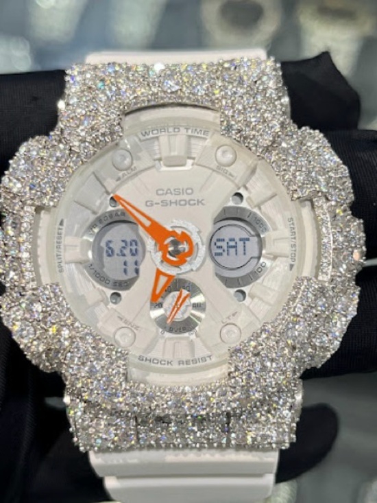 G-Shock Other - G-Shock White Watch with Orange Hands and Crystal-Encrusted Bezel
